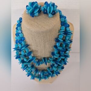 Vintage Necklace Plastic Beads  Crystal Beads  Three Strand Earrings 1960